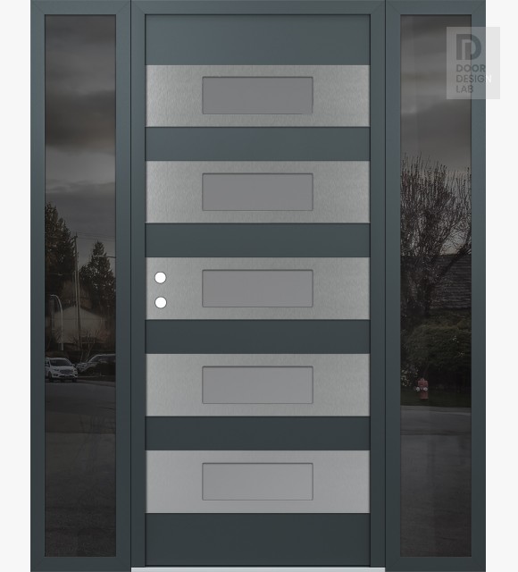 Modern Steel Front Door Diamond D5 60" x 80" anthracite/anthracite frosted Glass Panel stainless steel RHI with 2 Sidelites mirrored Glass