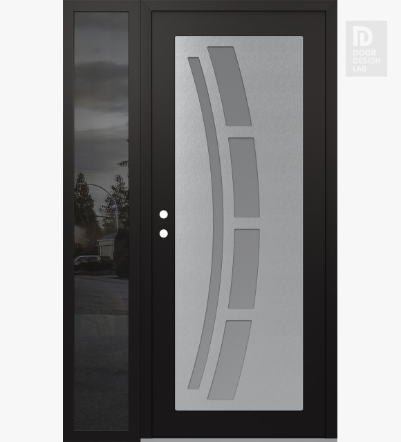 Modern Steel Front Door Diamond C12 52" x 80" black/white frosted Glass Panel stainless steel RHI with Sidelite mirrored Glass