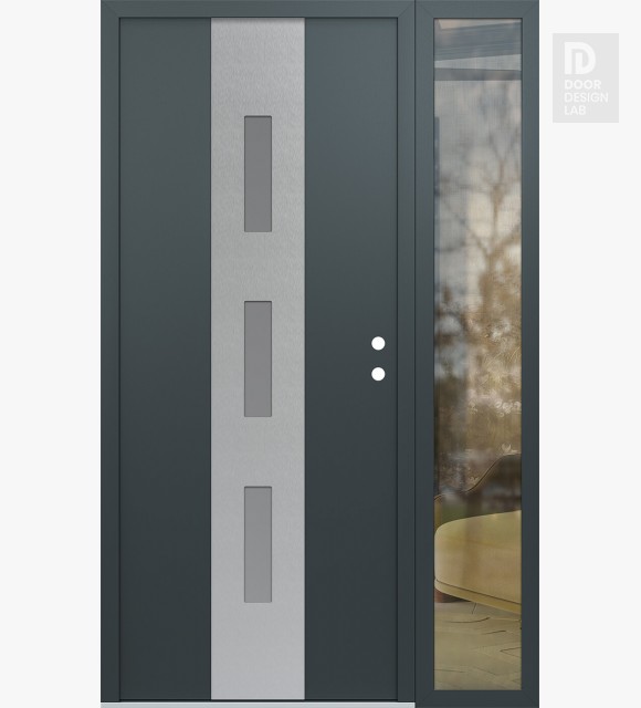 Modern Steel Front Door DIAMOND A7 52" X 80" ANTHRACITE/ANTHRACITE FROSTED GLASS PANEL STAINLESS STEEL LHI WITH SIDELITE CLEAR GLASS