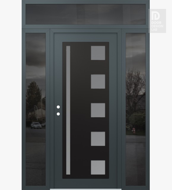 Modern Steel Front Door Diamond C3 64" x 96" anthracite/anthracite frosted Glass Panel black RHI with 2 Sidelites and Transom mirrored Glass