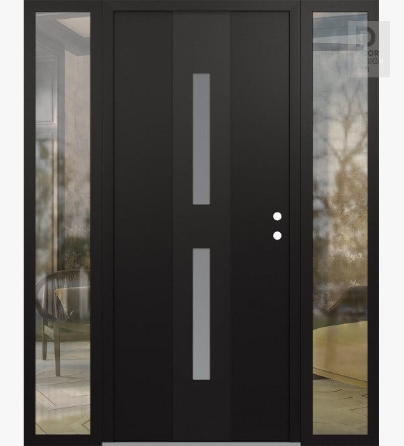 Modern Steel Front Door DIAMOND A6 60" X 80" BLACK/WHITE FROSTED GLASS PANEL BLACK LHI WITH 2 SIDELITES CLEAR GLASS
