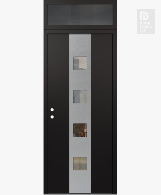 Modern Steel Front Door DIAMOND A12 36" X 96" BLACK/BLACK CLEAR GLASS PANEL STAINLESS STEEL RHI WITH TRANSOM MIRRORED GLASS