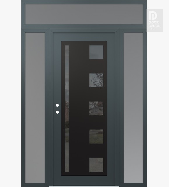 Modern Steel Front Door Diamond C3 64" x 96" anthracite/anthracite mirrored Glass Panel black RHI with 2 Sidelites and Transom frosted Glass