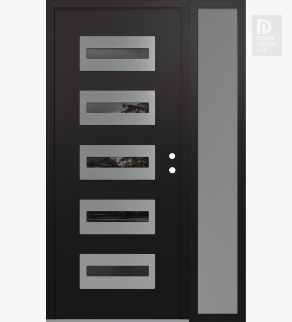 Modern Steel Front Door Diamond D4 48" x 80" black/black mirrored Glass Panel stainless steel LHI with Sidelite frosted Glass