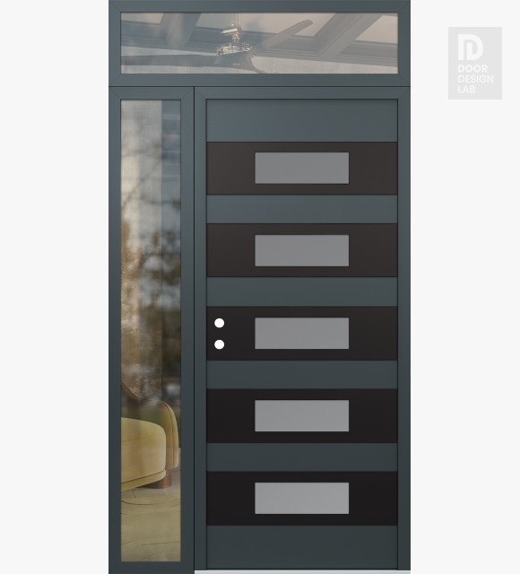 Modern Steel Front Door Diamond D5 52" x 96" anthracite/anthracite frosted Glass Panel black RHI with Sidelite and Transom clear Glass