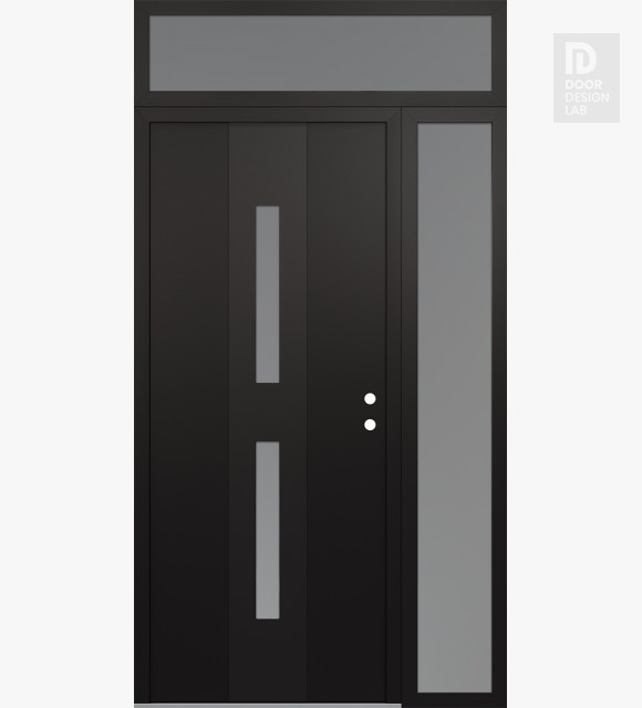 Modern Steel Front Door DIAMOND A6 52" X 96" BLACK/WHITE FROSTED GLASS PANEL BLACK LHI WITH SIDELITE AND TRANSOM FROSTED GLASS