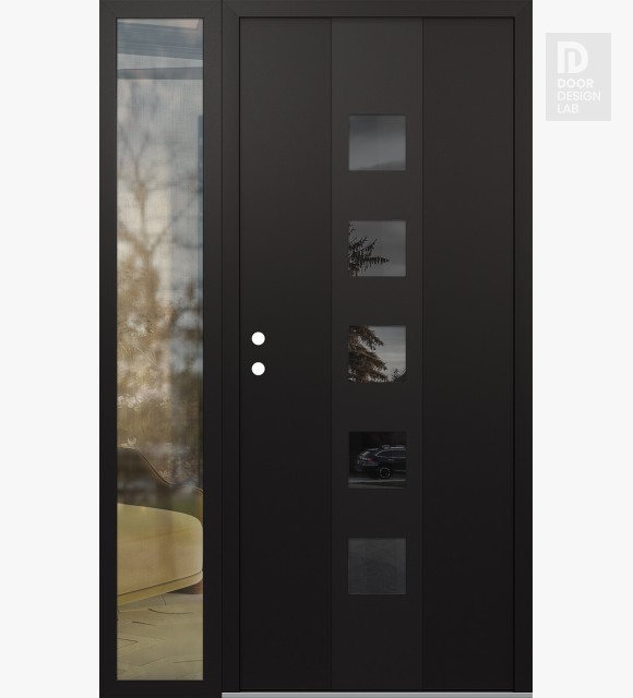 Modern Steel Front Door DIAMOND A13 52" X 80" BLACK/BLACK MIRRORED GLASS PANEL BLACK RHI WITH SIDELITE CLEAR GLASS