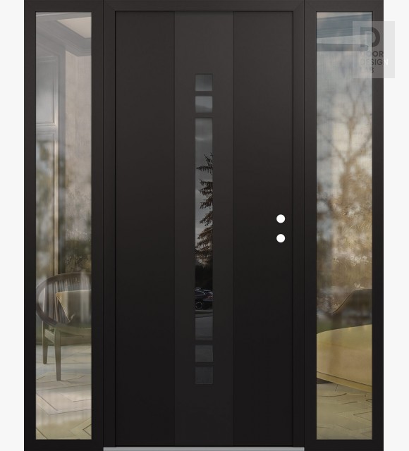 Modern Steel Front Door DIAMOND A4 60" X 80" BLACK/BLACK MIRRORED GLASS PANEL BLACK LHI WITH 2 SIDELITES CLEAR GLASS