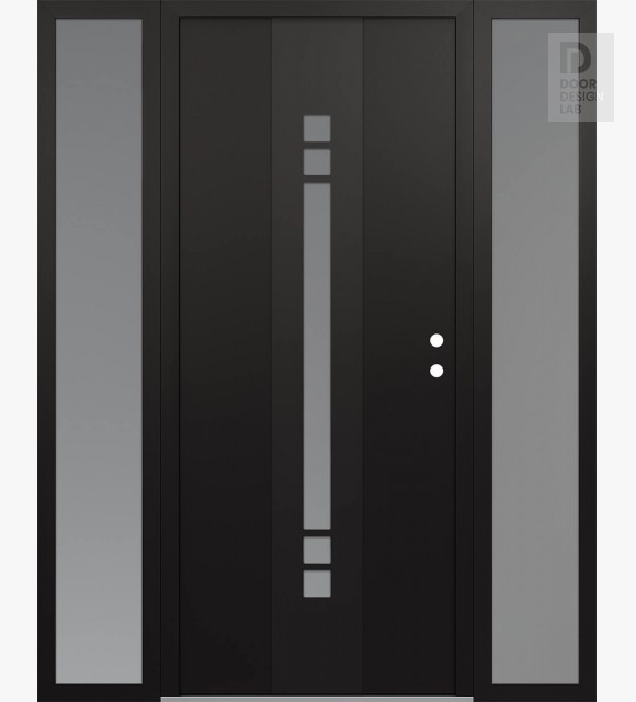 Modern Steel Front Door DIAMOND A4 60" X 80" BLACK/WHITE FROSTED GLASS PANEL BLACK LHI WITH 2 SIDELITES FROSTED GLASS