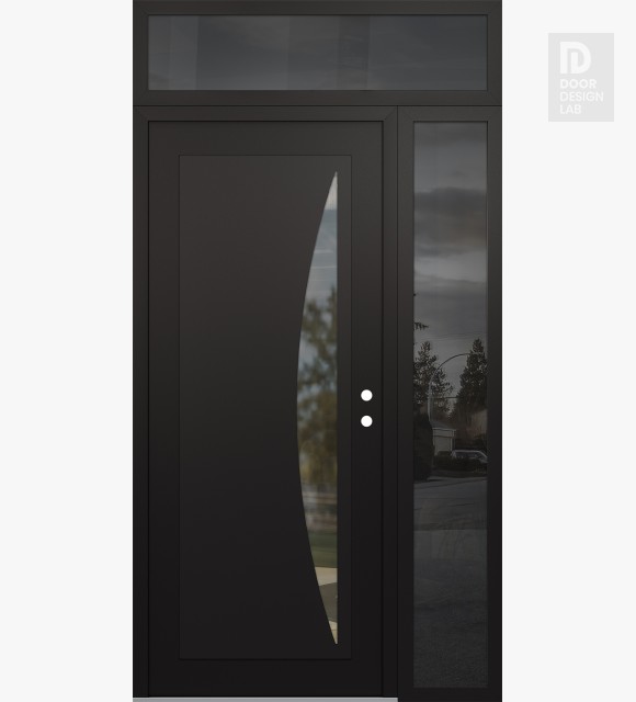 Modern Steel Front Door Diamond C13 50" x 96" black/black clear Glass Panel black LHI with Sidelite and Transom mirrored Glass