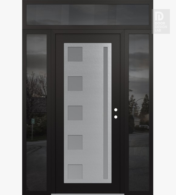 Modern Steel Front Door Diamond C3 60" x 96" black/white frosted Glass Panel stainless steel LHI with 2 Sidelites and Transom mirrored Glass