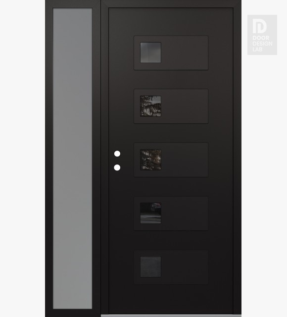Modern Steel Front Door Diamond D2 48" x 80" black/black mirrored Glass Panel black RHI with Sidelite frosted Glass