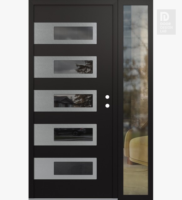 Modern Steel Front Door Diamond D3 50" x 80" black/black mirrored Glass Panel stainless steel LHI with Sidelite clear Glass