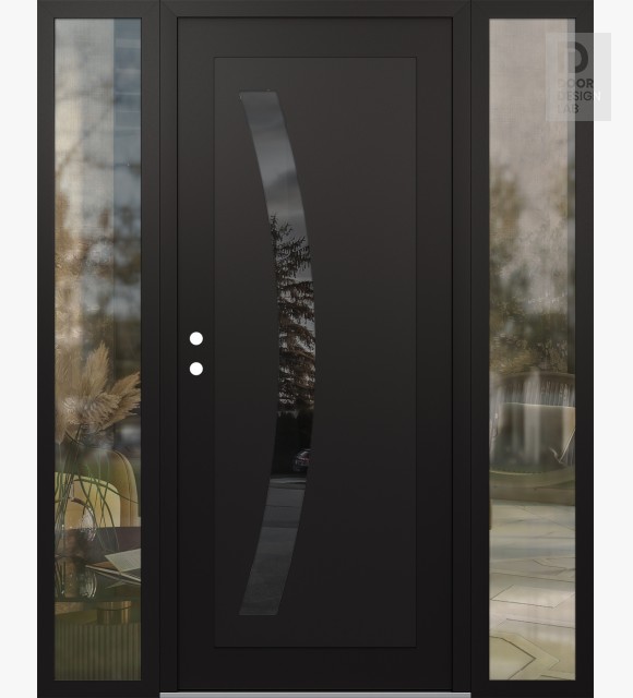 Modern Steel Front Door Diamond C4 60" x 80" black/black mirrored Glass Panel black RHI with 2 Sidelites clear Glass