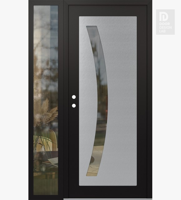 Modern Steel Front Door Diamond C4 48" x 80" black/black clear Glass Panel stainless steel RHI with Sidelite clear Glass