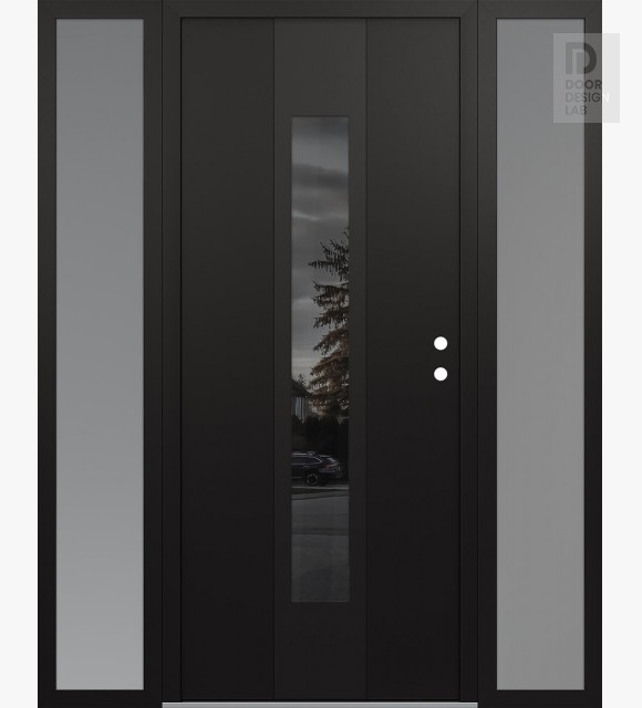 Modern Steel Front Door DIAMOND A1 60" X 80" BLACK/BLACK MIRRORED GLASS PANEL BLACK LHI WITH 2 SIDELITES FROSTED GLASS