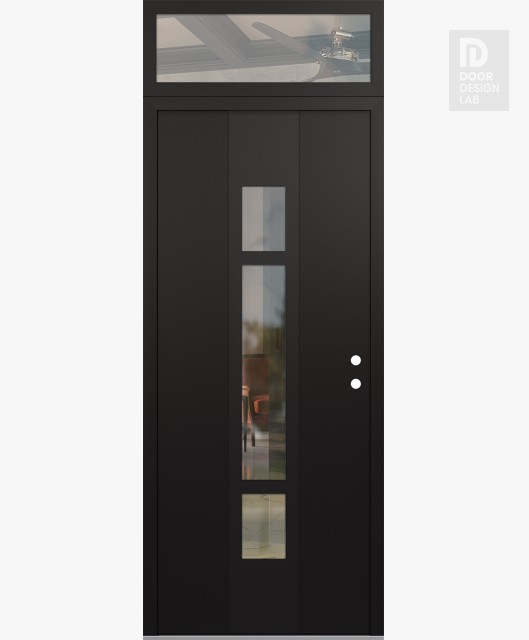 Modern Steel Front Door DIAMOND A9 36" X 96" BLACK/BLACK CLEAR GLASS PANEL BLACK LHI WITH TRANSOM CLEAR GLASS