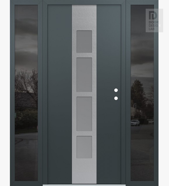 Modern Steel Front Door DIAMOND A10 64" X 80" ANTHRACITE/ANTHRACITE FROSTED GLASS PANEL STAINLESS STEEL LHI WITH 2 SIDELITES MIRRORED GLASS
