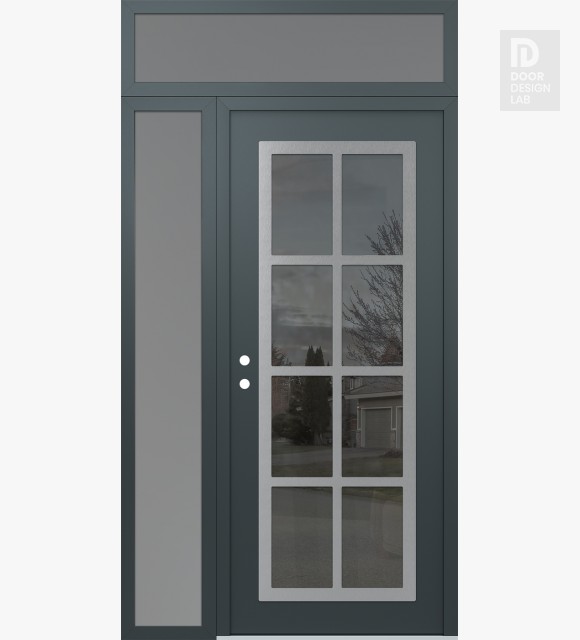 Modern Steel Front Door Diamond C16 52" x 96" anthracite/anthracite mirrored Glass Panel stainless steel RHI with Sidelite and Transom frosted Glass