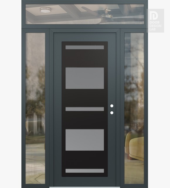 Modern Steel Front Door Diamond C10 68" x 96" anthracite/anthracite frosted Glass Panel black LHI with 2 Sidelites and Transom clear Glass