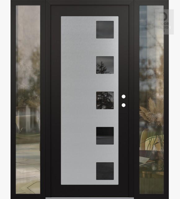 Modern Steel Front Door Diamond C5 68" x 80" black/black mirrored Glass Panel stainless steel LHI with 2 Sidelites clear Glass