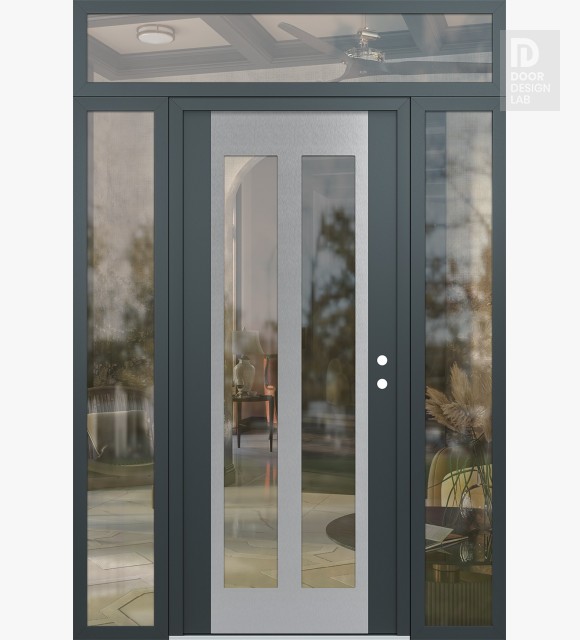 Modern Steel Front Door Diamond C14 68" x 96" anthracite/anthracite clear Glass Panel stainless steel LHI with 2 Sidelites and Transom clear Glass