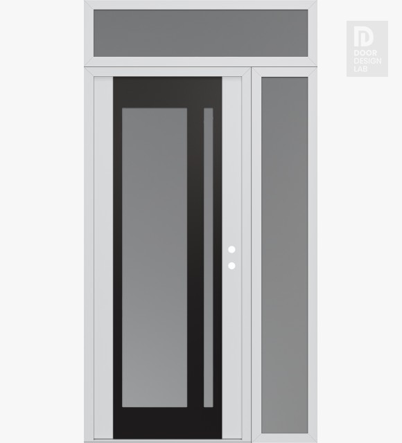 Modern Steel Front Door Diamond C15 50" x 96" white/white frosted Glass Panel black LHI with Sidelite and Transom frosted Glass