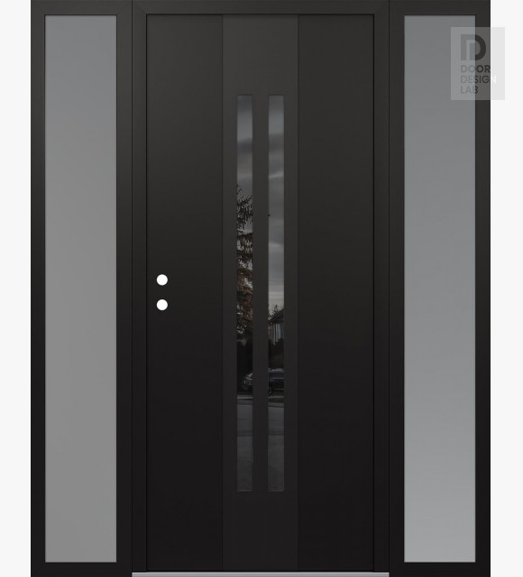 Modern Steel Front Door DIAMOND A8 68" X 80" BLACK/BLACK MIRRORED GLASS PANEL BLACK RHI WITH 2 SIDELITES FROSTED GLASS