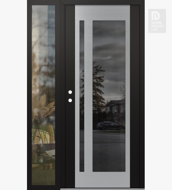 Modern Steel Front Door Diamond C15 48" x 80" black/black mirrored Glass Panel stainless steel RHI with Sidelite clear Glass