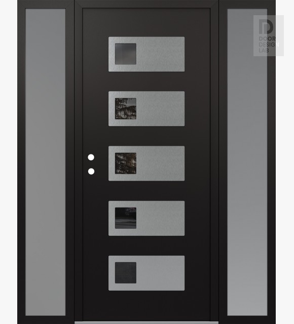 Modern Steel Front Door Diamond D2 60" x 80" black/black mirrored Glass Panel stainless steel RHI with 2 Sidelites frosted Glass