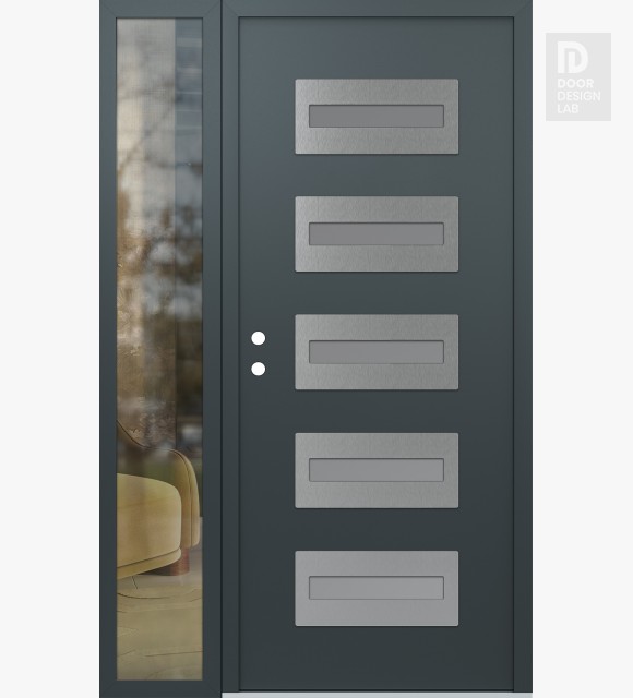 Modern Steel Front Door Diamond D4 50" x 80" anthracite/anthracite frosted Glass Panel stainless steel RHI with Sidelite clear Glass