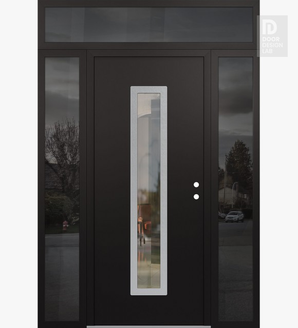 Modern Steel Front Door DIAMOND A11 68" X 96" BLACK/BLACK CLEAR GLASS PANEL STAINLESS STEEL LHI WITH 2 SIDELITES AND TRANSOM MIRRORED GLASS