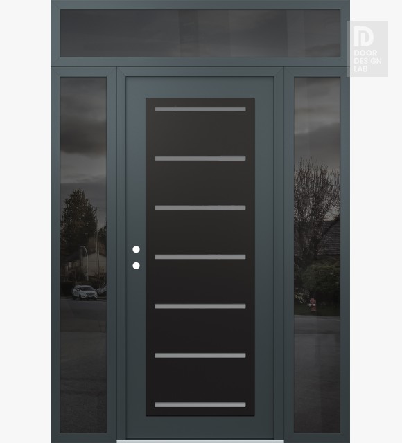 Modern Steel Front Door Diamond C11 64" x 96" anthracite/anthracite frosted Glass Panel black RHI with 2 Sidelites and Transom mirrored Glass