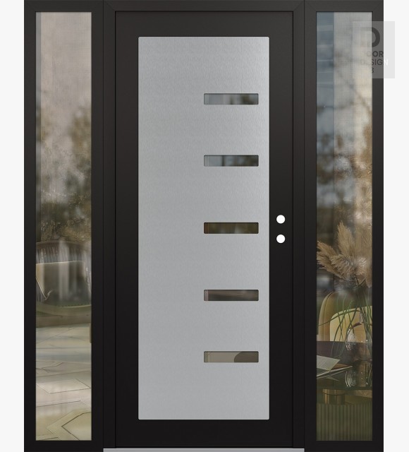 Modern Steel Front Door Diamond C8 64" x 80" black/black clear Glass Panel stainless steel LHI with 2 Sidelites clear Glass