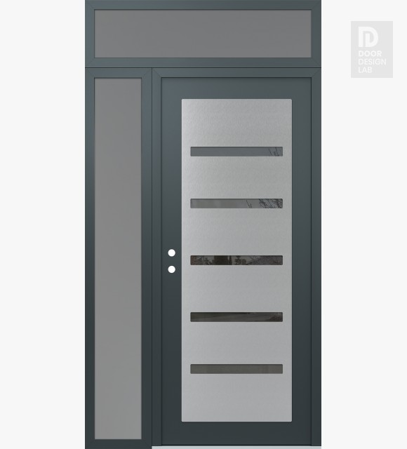 Modern Steel Front Door Diamond C7 48" x 96" anthracite/anthracite mirrored Glass Panel stainless steel RHI with Sidelite and Transom frosted Glass