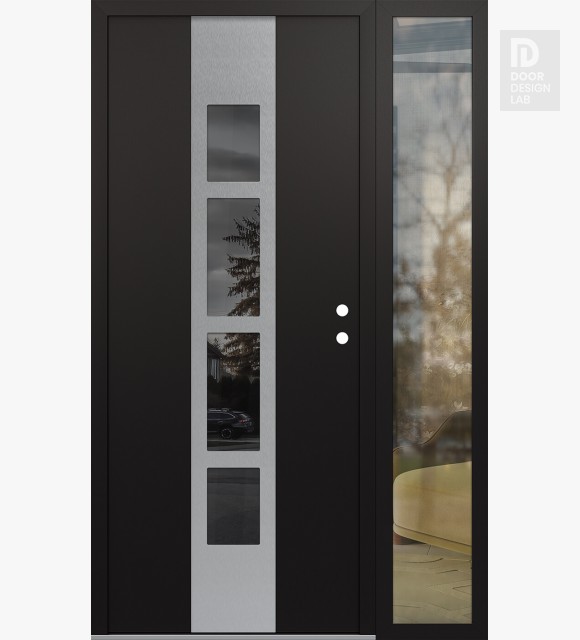 Modern Steel Front Door DIAMOND A10 52" X 80" BLACK/BLACK MIRRORED GLASS PANEL STAINLESS STEEL LHI WITH SIDELITE CLEAR GLASS
