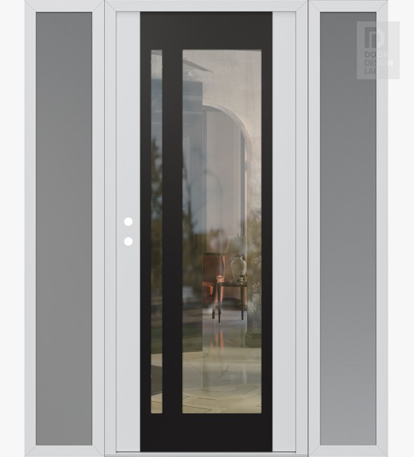 Modern Steel Front Door Diamond C15 64" x 80" white/white clear Glass Panel black RHI with 2 Sidelites frosted Glass