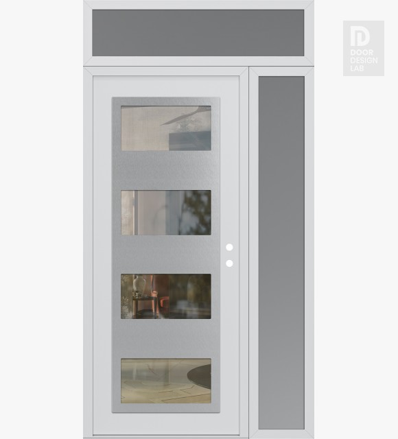 Modern Steel Front Door Diamond C2 52" x 96" white/white clear Glass Panel stainless steel LHI with Sidelite and Transom frosted Glass