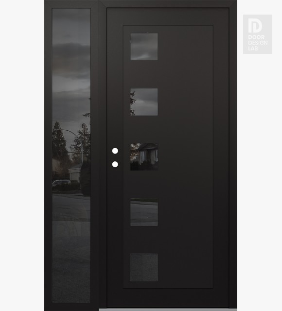 Modern Steel Front Door Diamond C5 50" x 80" black/black mirrored Glass Panel black RHI with Sidelite mirrored Glass