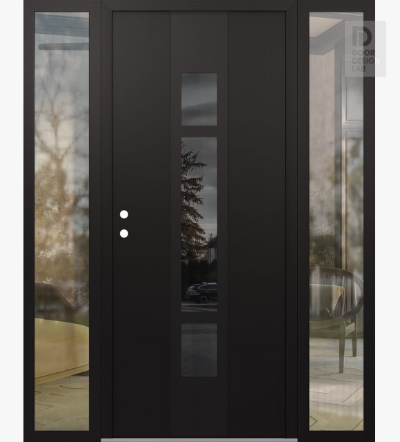 Modern Steel Front Door DIAMOND A9 68" X 80" BLACK/BLACK MIRRORED GLASS PANEL BLACK RHI WITH 2 SIDELITES CLEAR GLASS