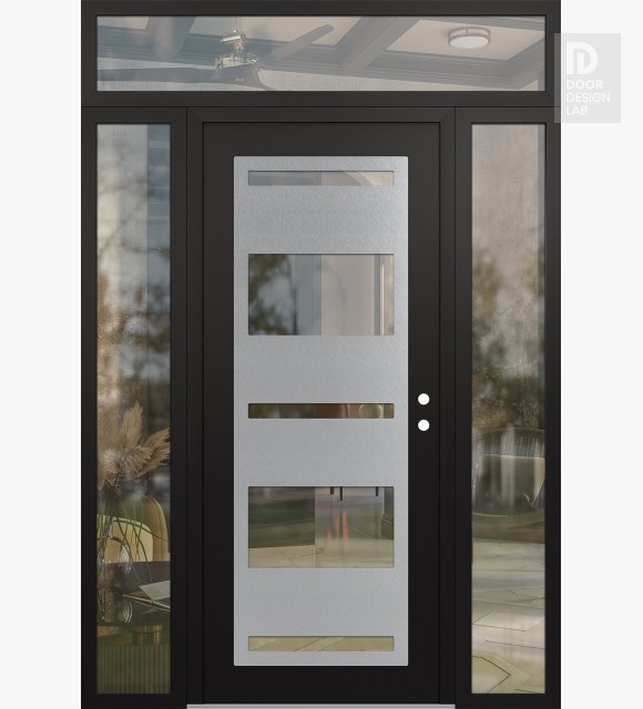 Modern Steel Front Door Diamond C10 68" x 96" black/black clear Glass Panel stainless steel LHI with 2 Sidelites and Transom clear Glass