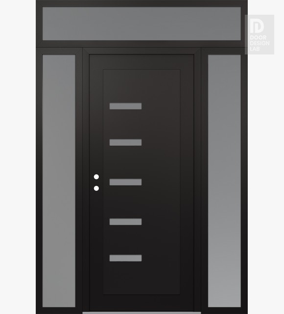 Modern Steel Front Door Diamond C8 68" x 96" black/white frosted Glass Panel black RHI with 2 Sidelites and Transom frosted Glass