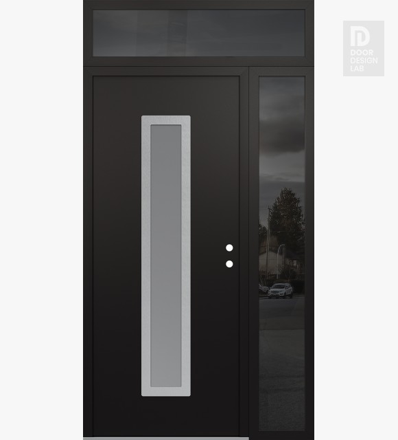 Modern Steel Front Door DIAMOND A11 48" X 96" BLACK/WHITE FROSTED GLASS PANEL STAINLESS STEEL LHI WITH SIDELITE AND TRANSOM MIRRORED GLASS