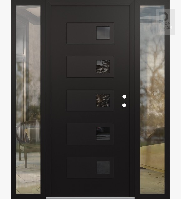 Modern Steel Front Door Diamond D2 68" x 80" black/black mirrored Glass Panel black LHI with 2 Sidelites clear Glass