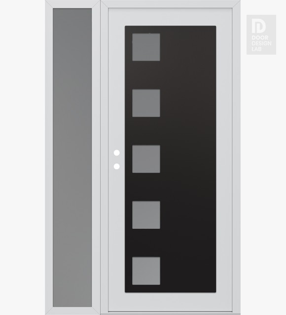 Modern Steel Front Door Diamond C5 48" x 80" white/white frosted Glass Panel black RHI with Sidelite frosted Glass