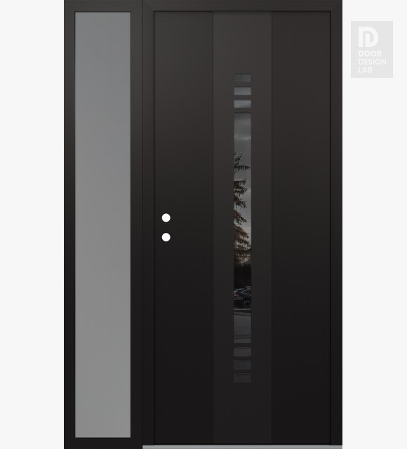 Modern Steel Front Door DIAMOND A5 48" X 80" BLACK/BLACK MIRRORED GLASS PANEL BLACK RHI WITH SIDELITE FROSTED GLASS