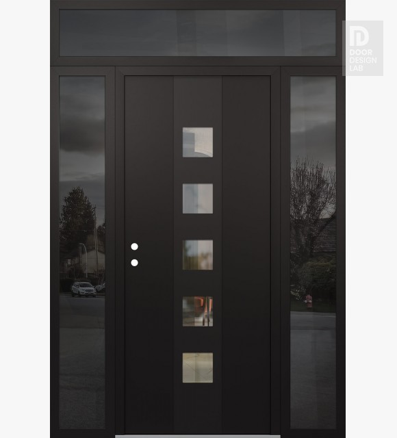 Modern Steel Front Door DIAMOND A13 64" X 96" BLACK/BLACK CLEAR GLASS PANEL BLACK RHI WITH 2 SIDELITES AND TRANSOM MIRRORED GLASS