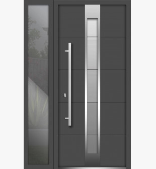 Front Exterior Prehung Steel Door / Deux 1717 Gray Graphite / Stainless Inserts Single Modern Painted-W52" x H80"-Right-hand Inswing