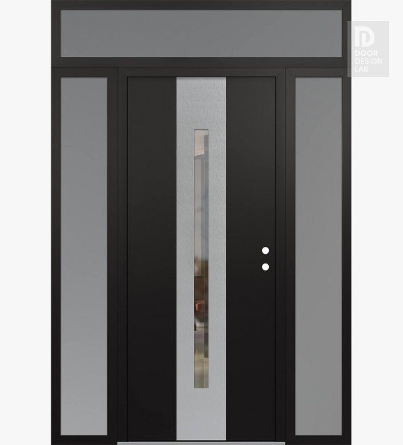 Modern Steel Front Door DIAMOND A2 64" X 96" BLACK/BLACK CLEAR GLASS PANEL STAINLESS STEEL LHI WITH 2 SIDELITES AND TRANSOM FROSTED GLASS