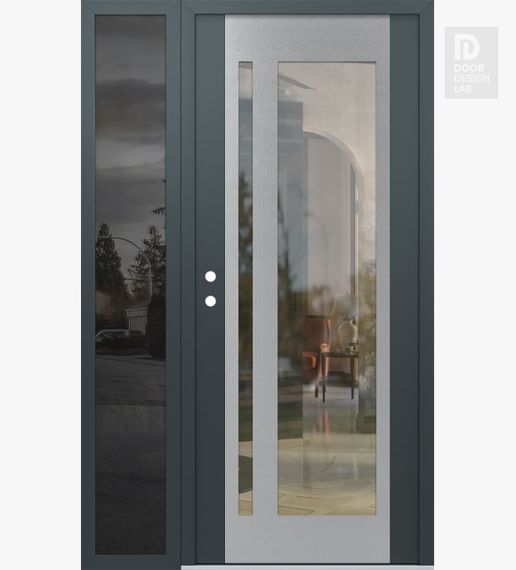 Modern Steel Front Door Diamond C15 50" x 80" anthracite/anthracite clear Glass Panel stainless steel RHI with Sidelite mirrored Glass